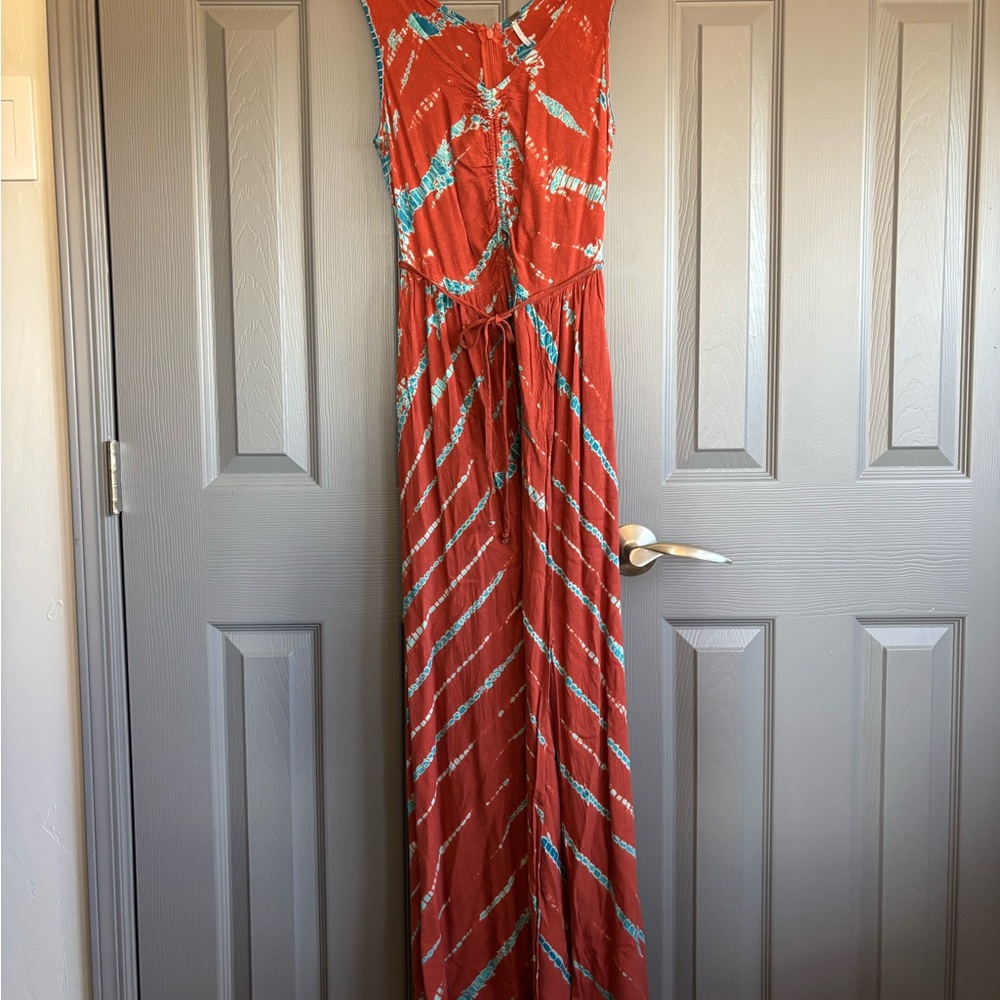 Young Fabulous & Broke Coral Maxi Dress with Teal Tie-Dye
